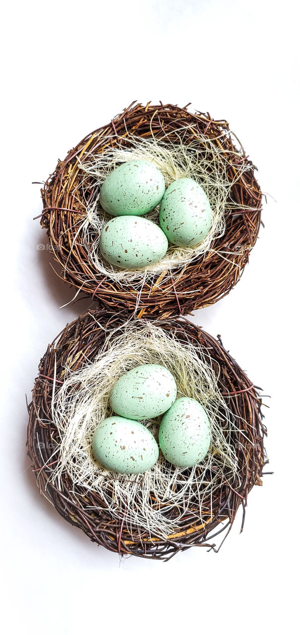 Think spring! Two decorative birds nests with speckled blue eggs.