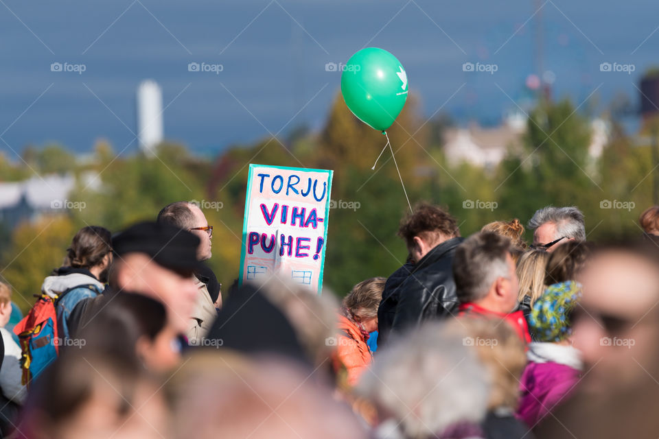 Helsinki, Finland - September 24, 2016: Peli poikki - Rikotaan hiljaisuus - protest rally against racism and right wing extremist violence in Helsinki, Finland on 24 September 2016.