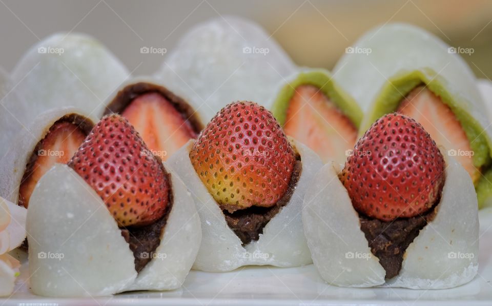 Bangkok/Thailand-June 08 2019: Big amazing Thailand sweet creation , Strawberry Mochi