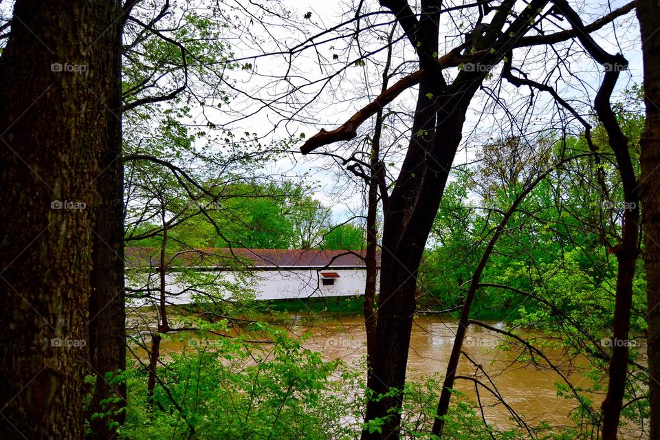 Covered bridge on the river in Indiana on a rainy day. 