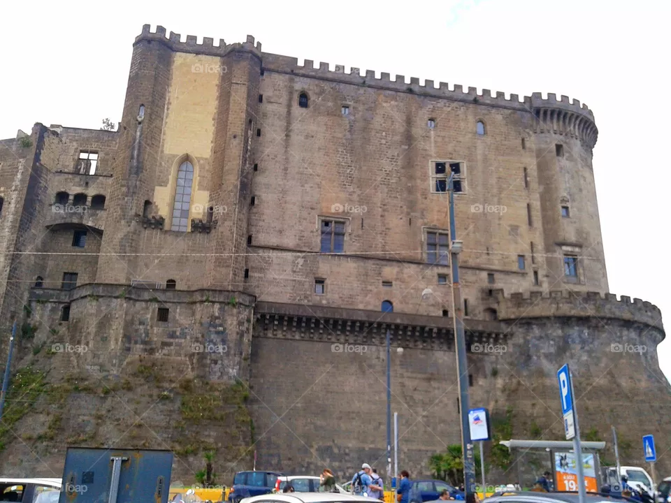 Maschio Angioino Castle in Naples seen by the Beverello hydrophoil terminal