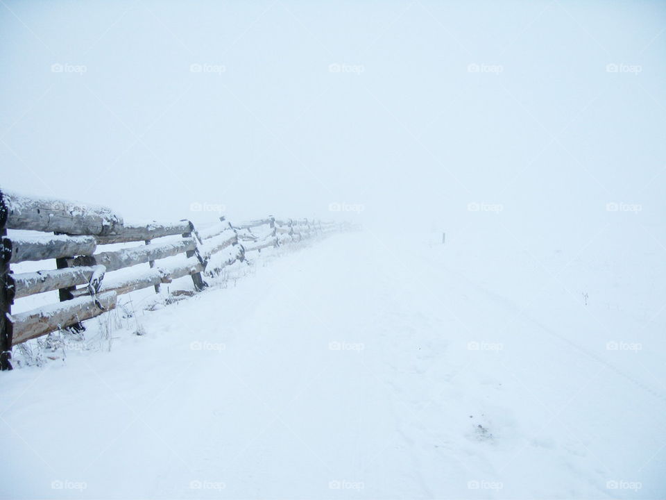 wooden fence in snow storm