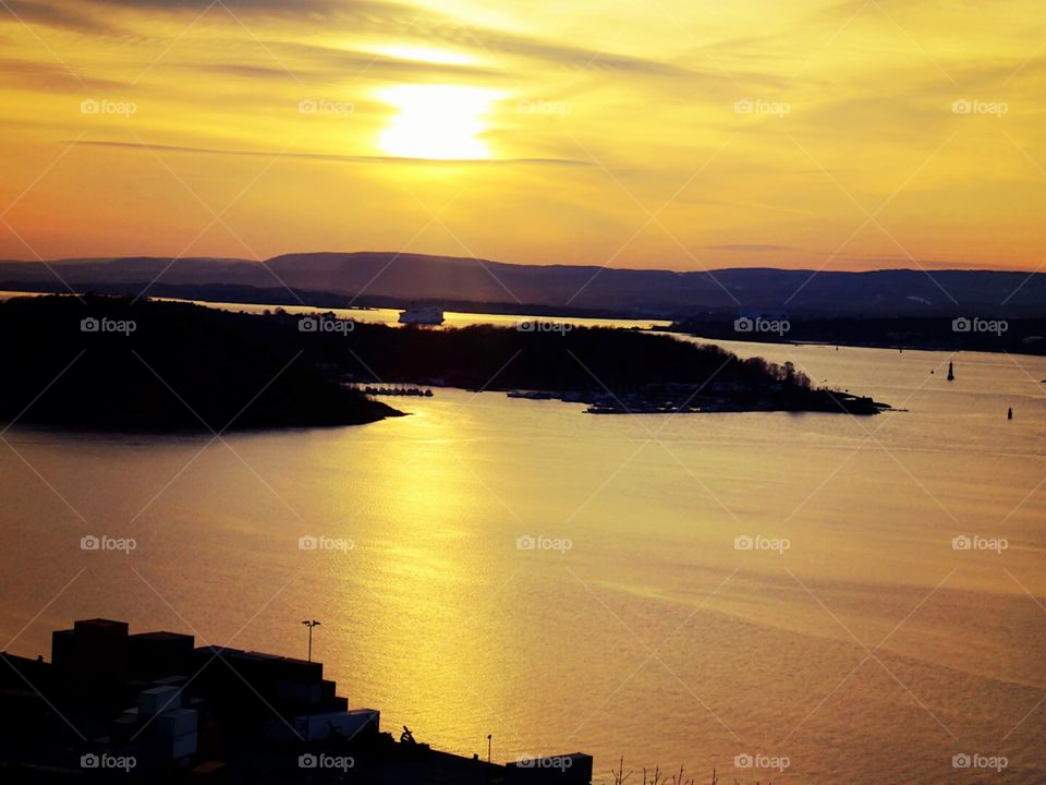 Oslofjorden. Golden hour seen from Ekeberg, Oslo, Norway