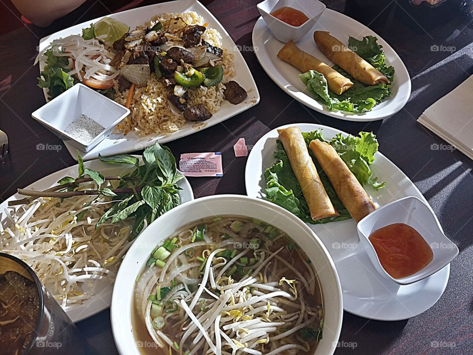 Great Pho food. Lunch Time, soup, egg rolls and some meat