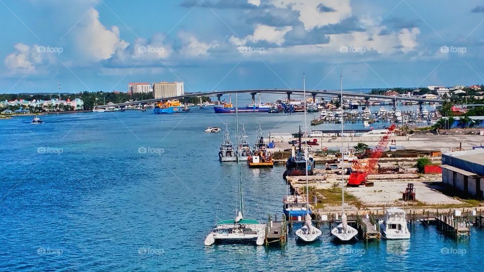 View of Nassau and paradise island bridge from ship.. Nassau Bahamas