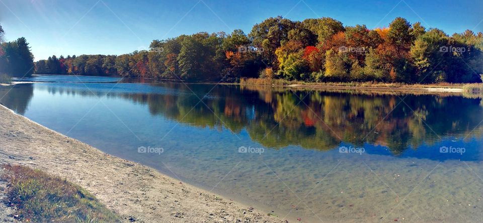 Autumn trees reflecting on lake