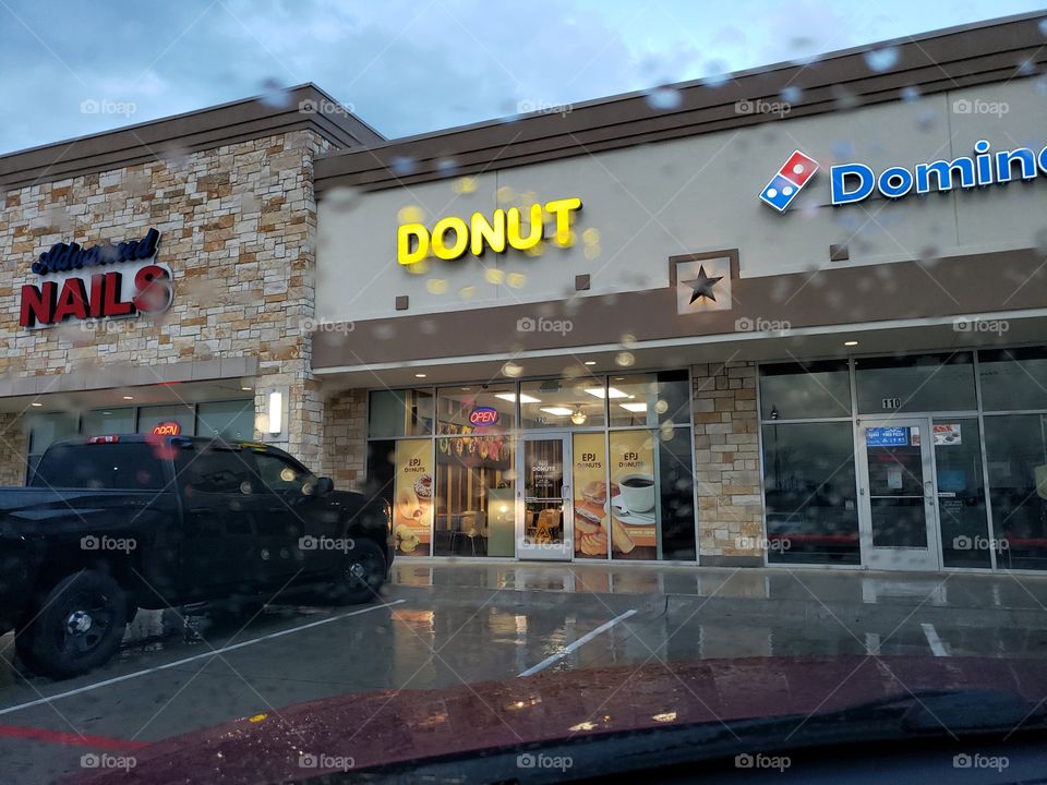 Donut shop on rainy day morning