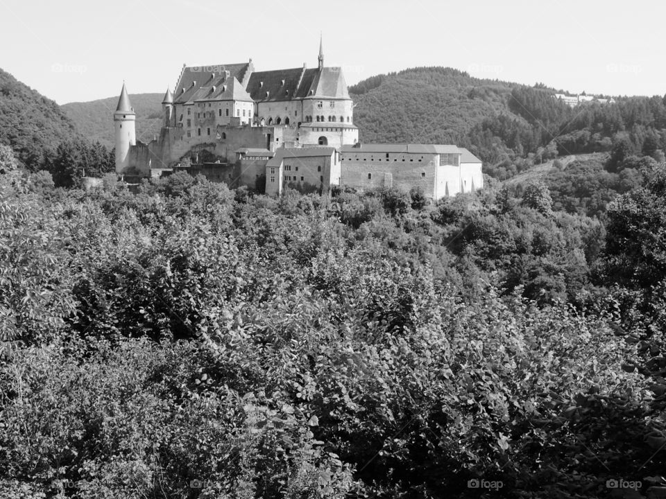Chateau dé Vianden viewed through a lovely full forest against a backdrop of lush rolling hills outside of Vianden, Luxembourg on a sunny summer day. 
