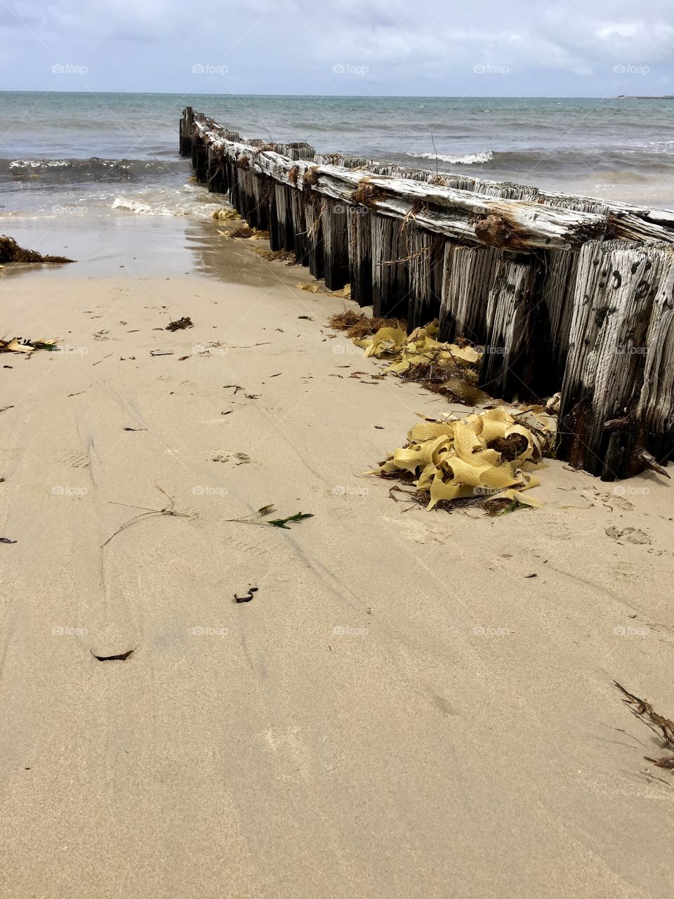 Old breakwater with sand and seaweed