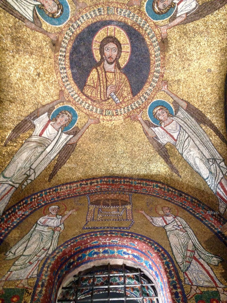 An early Christian mosaic in Rome showing Jesus Christ and four angels. Basilica of Santa Prassede, Rome