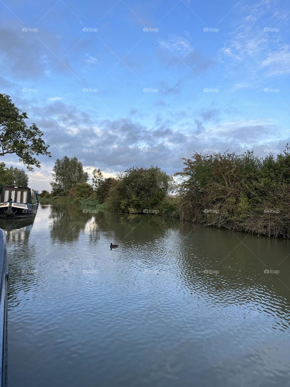 Lovely early evening sunset in late summer along Oxford canal near Flecknoe Napton England sky horizon narrowboat cruise holiday vacation mooring duck