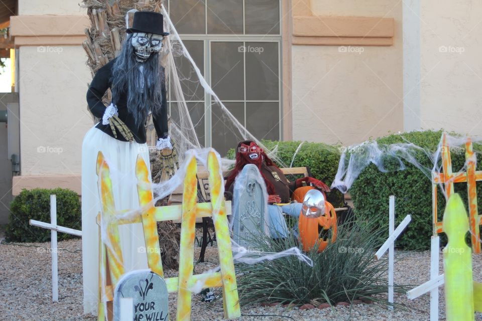 Ghostly yard at Halloween 