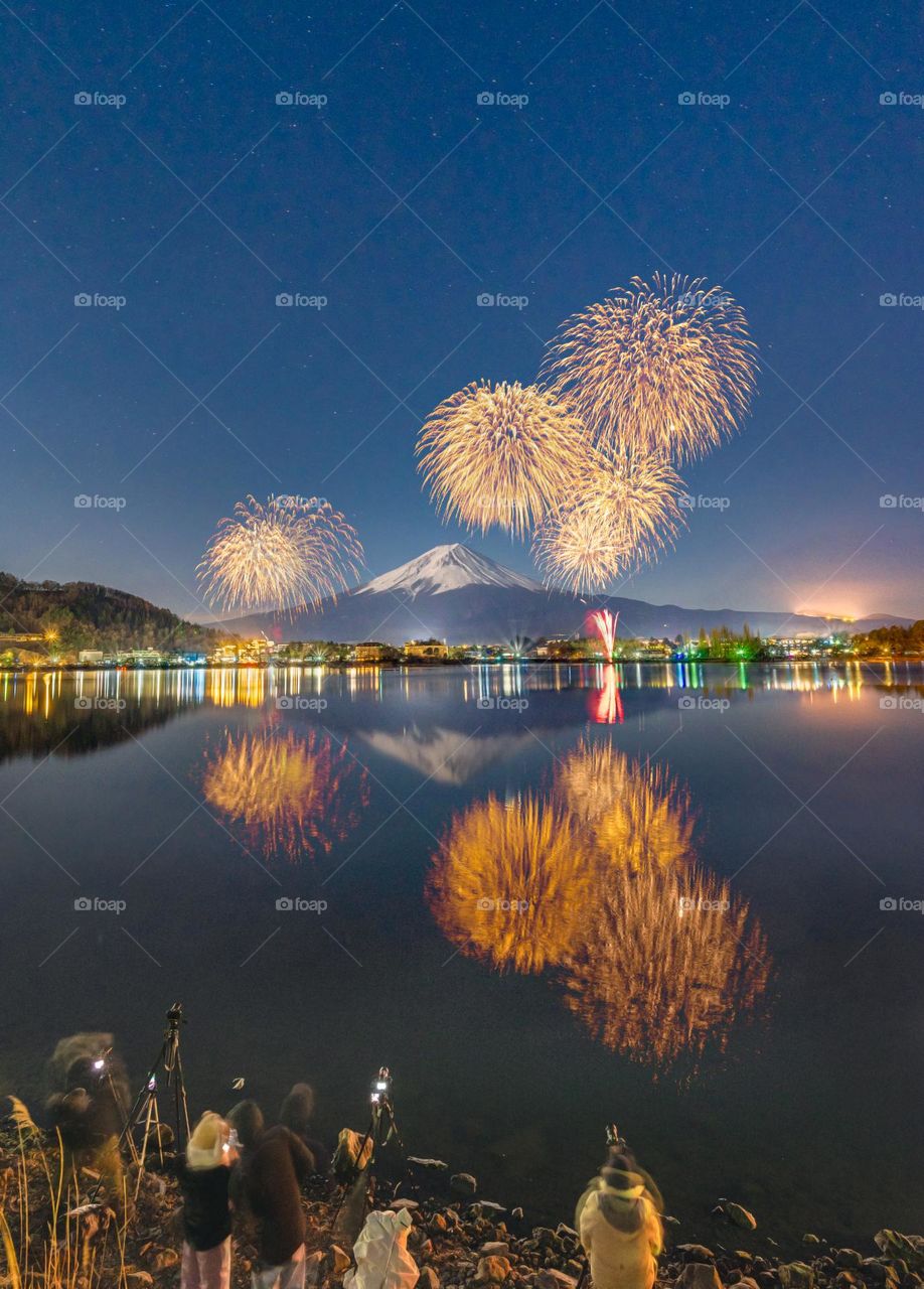 Fuji mountain in fire work night