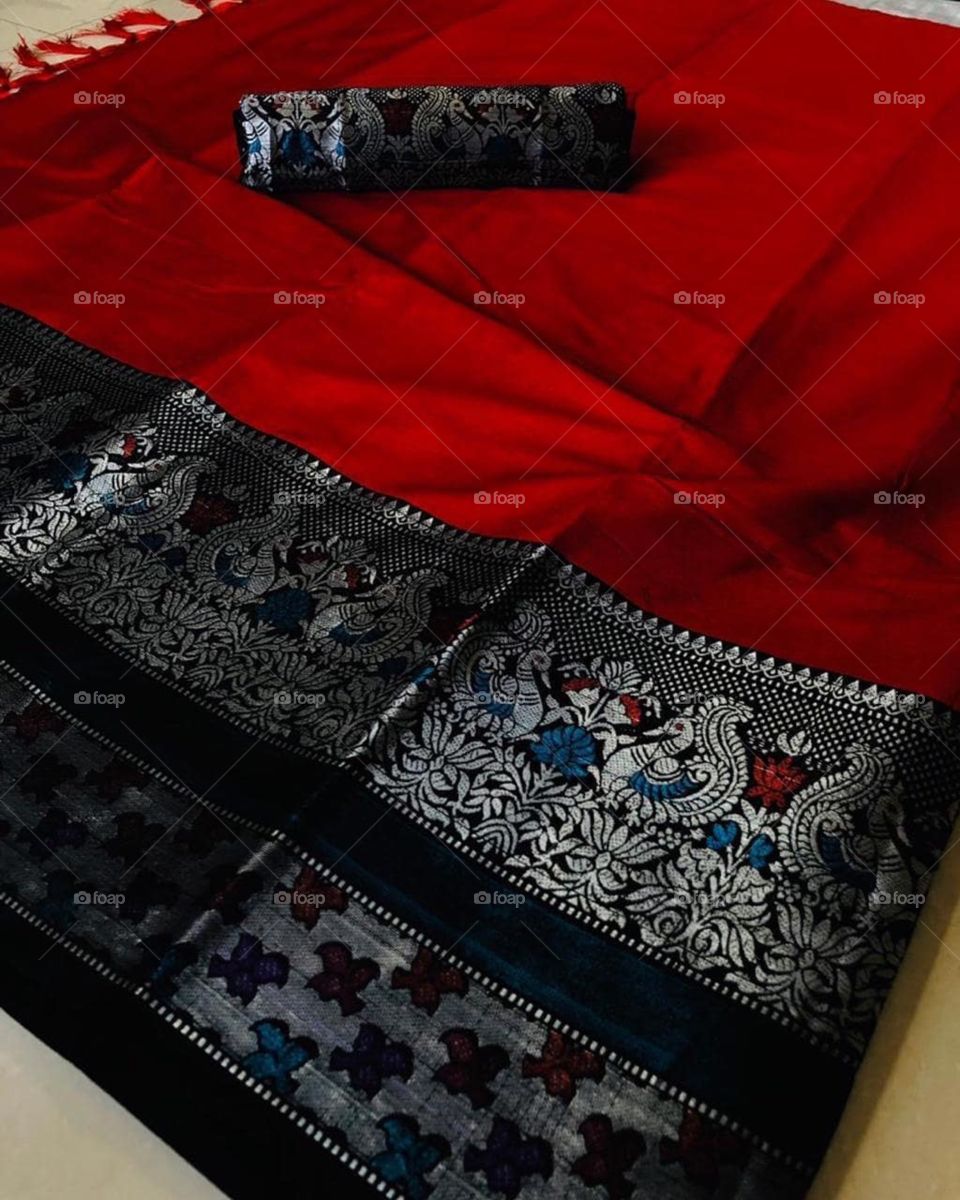 red jacquard pattern fabric banarasi indian saree