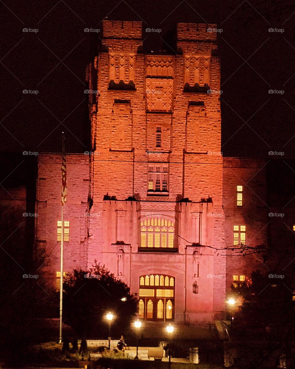 night shot of lighted castle-like building