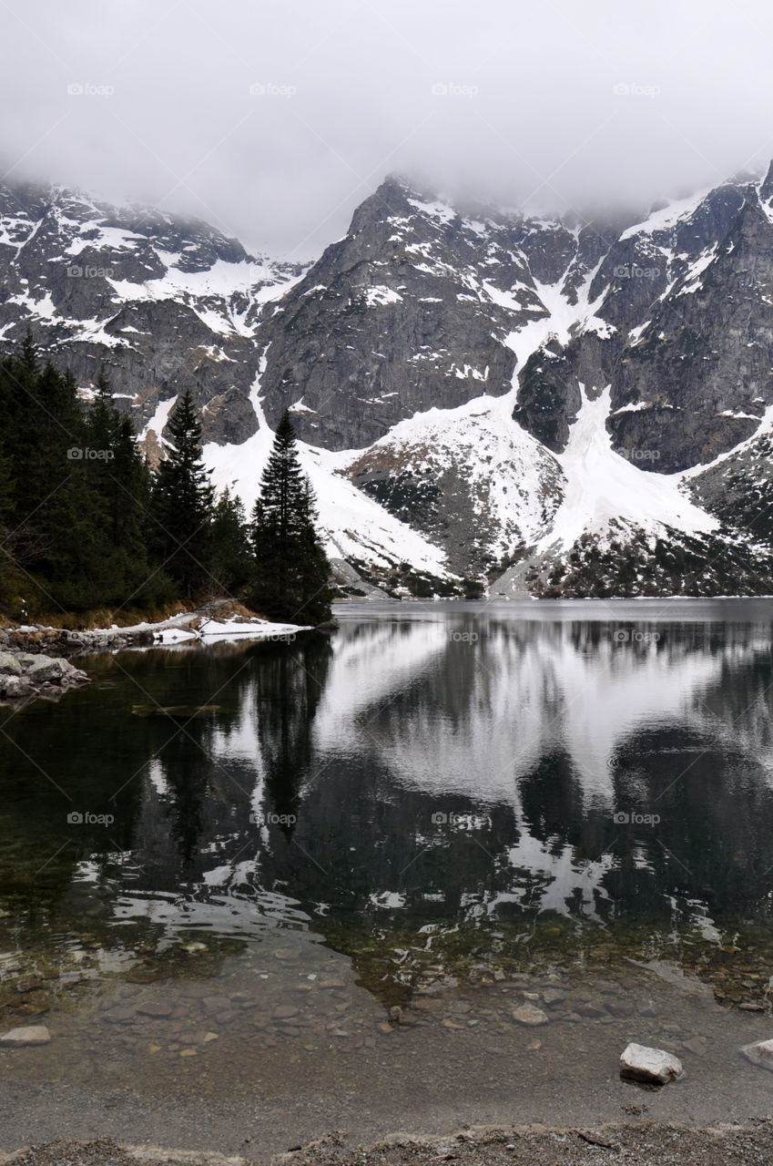 Reflection of snowy mountain on lake