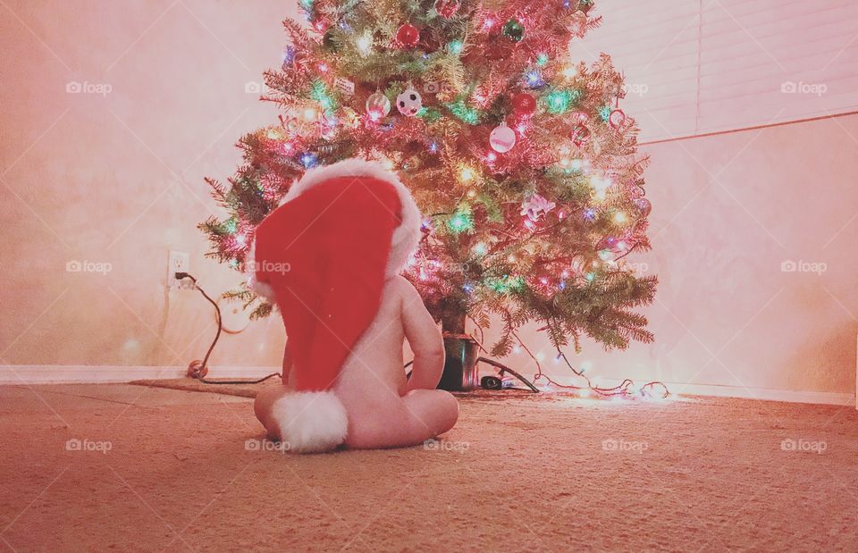 Baby With Santa Hat sitting in front of a Christmas Tree 