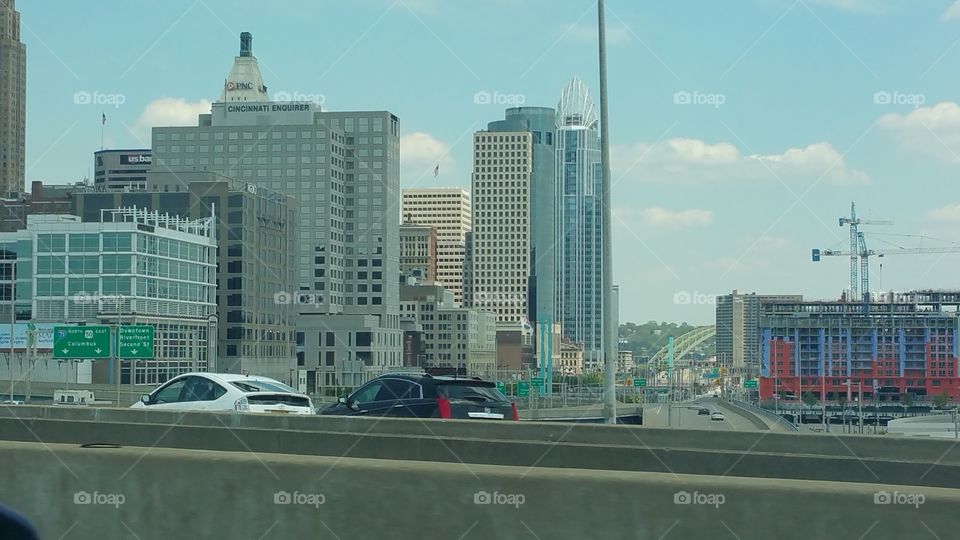 part of Cincinnati skyline. took this shot @ 65 mph  coming into Cincinnati.