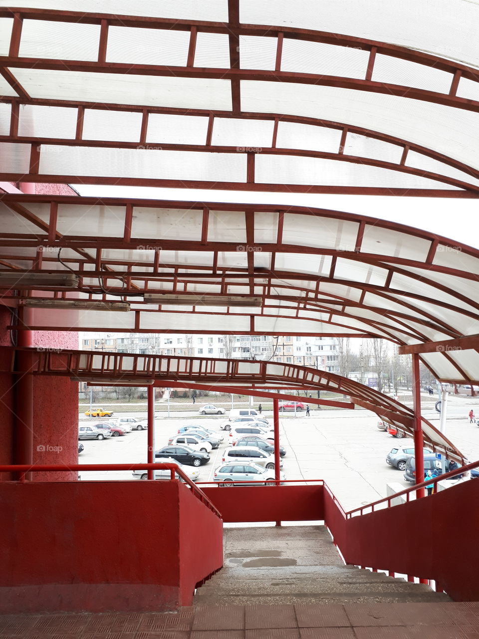 City architecture. Red stairs