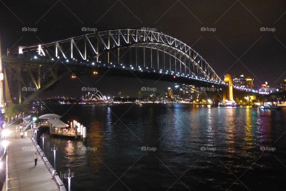 Sydney, Bridge and Opera House. Sydney harbour at night from Luna Park, Milson's Point