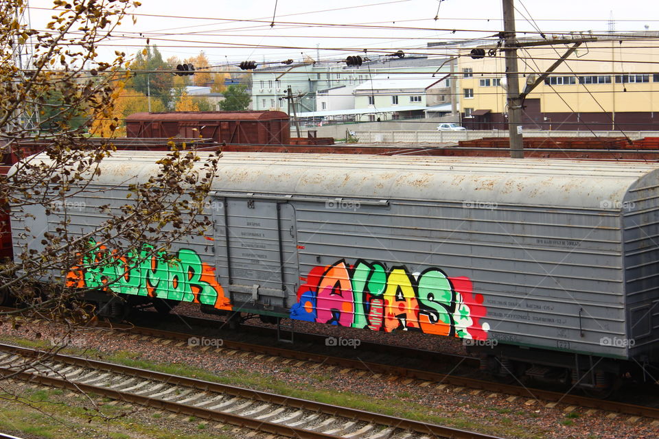 landscape with graffiti train