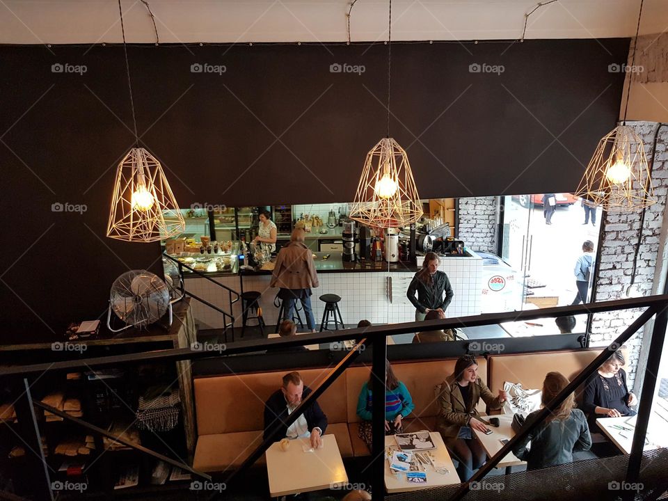 Interior of café with special design lamps