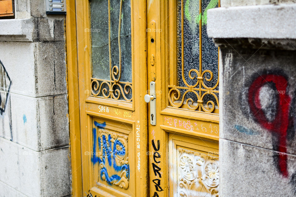 Old wooden door. City center