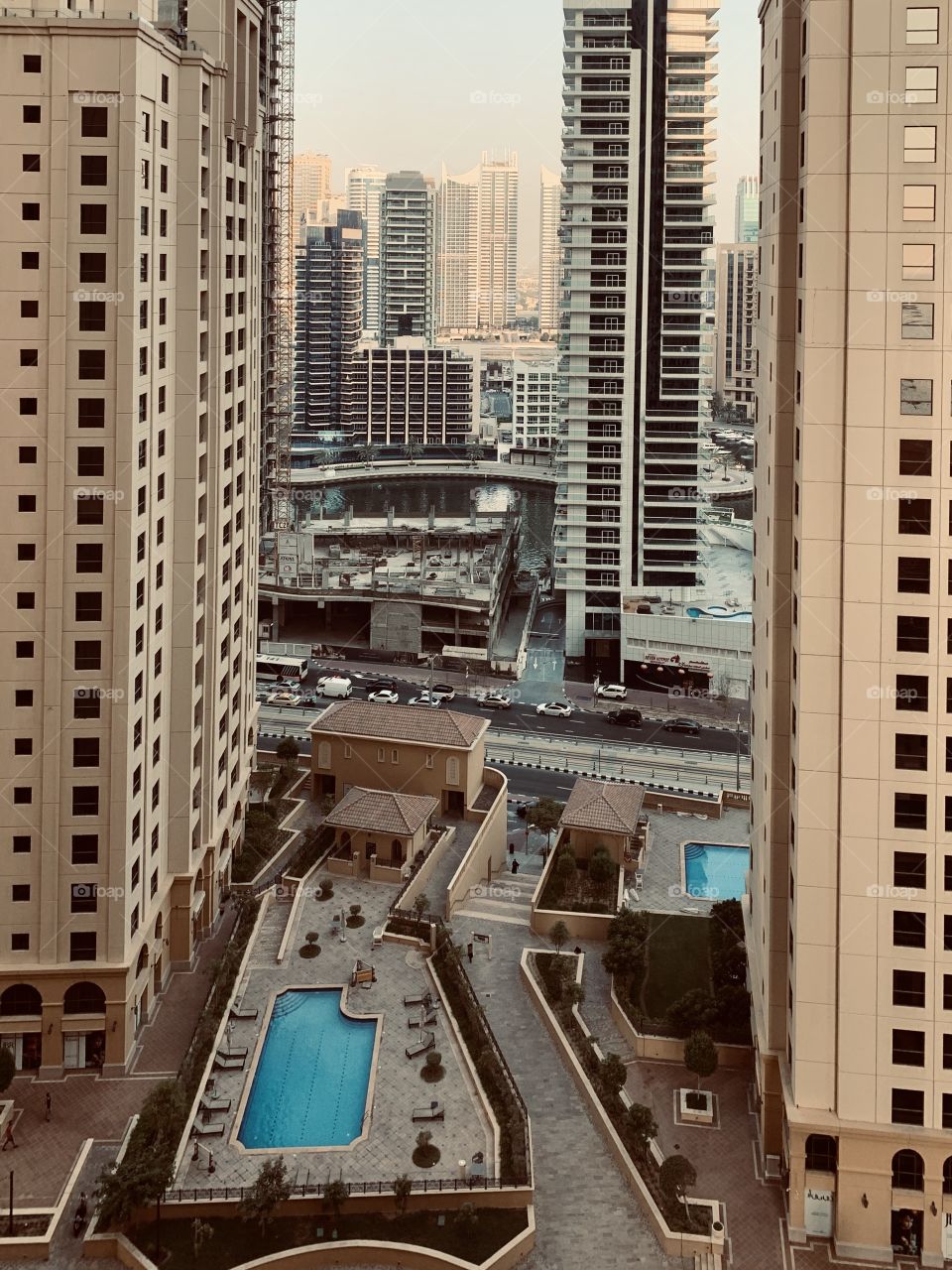 Dubai city with scyscrapers and pools 