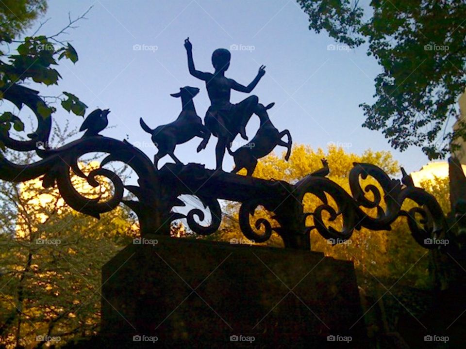 Central Park zoo gate. A wrought iron gate stands and relief  against the summer sky