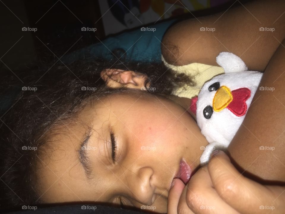 She calls her toy chicken .. "chicken bawk back" sweet dreams little one..