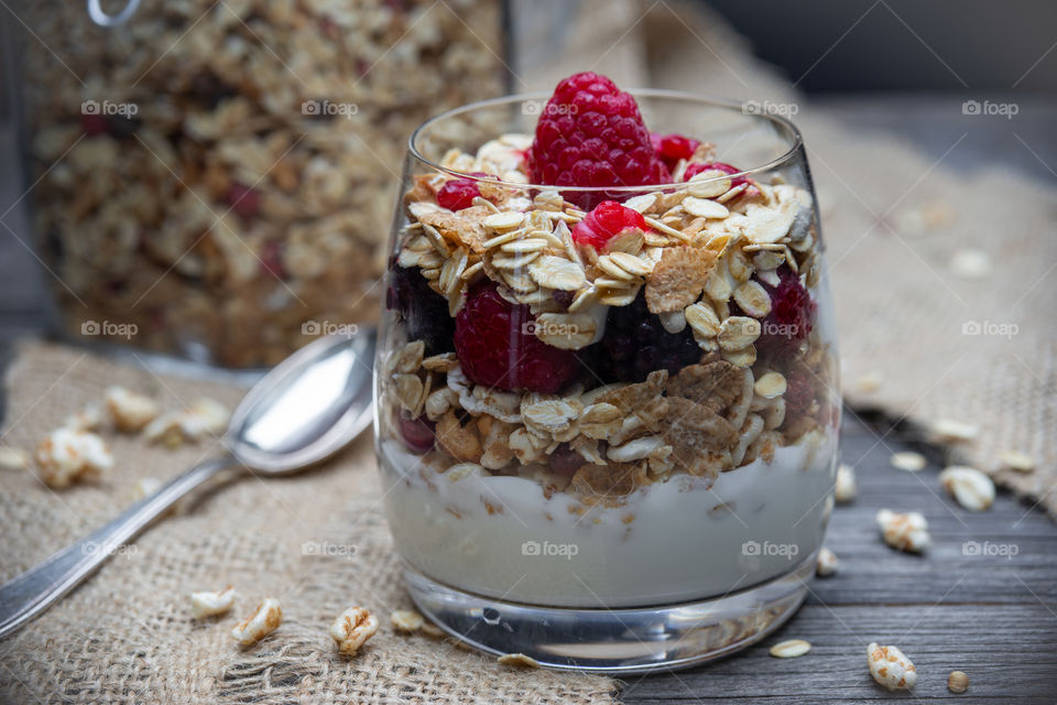 muesli and raspberries close-up