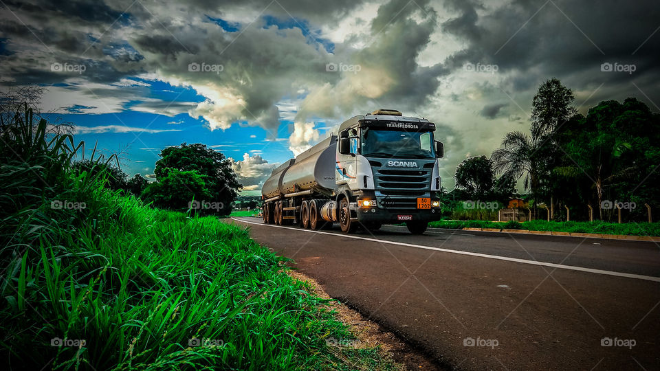 caminhão, paisagem, viagem, asfalto, pista, rodovia, céu, nuvens