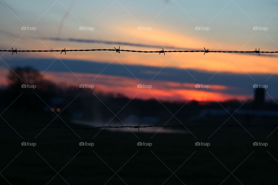 Close-up of barbed wire during sunset
