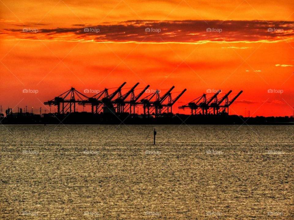 Container terminal at sunset