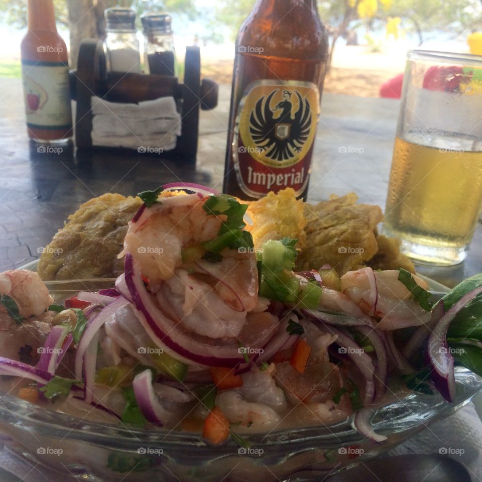 Costa Rica ceviche and a beer
