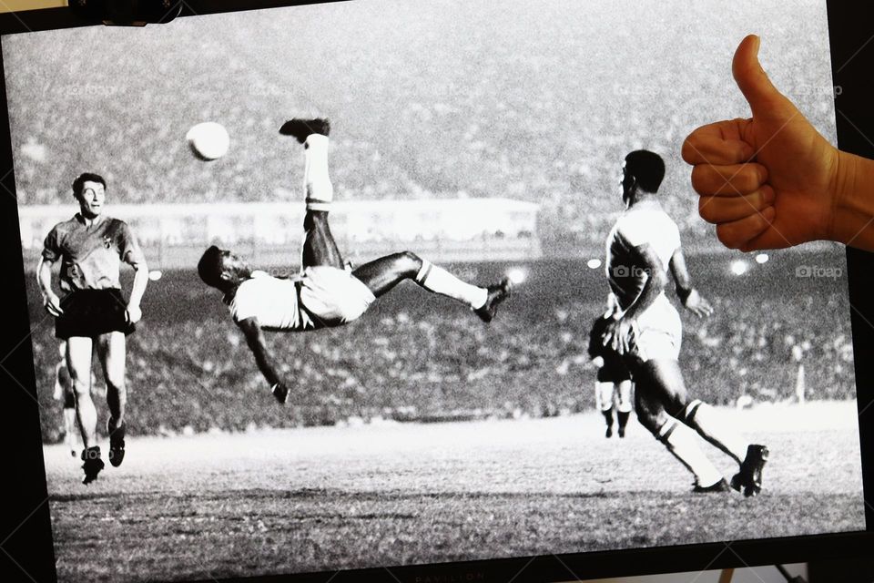 Historical photo of Pele Best soccer player of all time thumbs up to most impressive goal ever