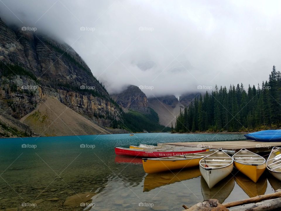 Moraine Lake on an overcast day.