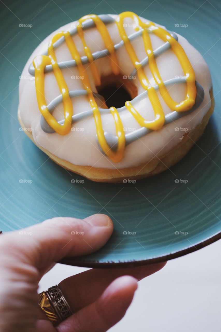 Holding A Plate With A Frosted Donut, Donut Designed Creativity, Food Photography 