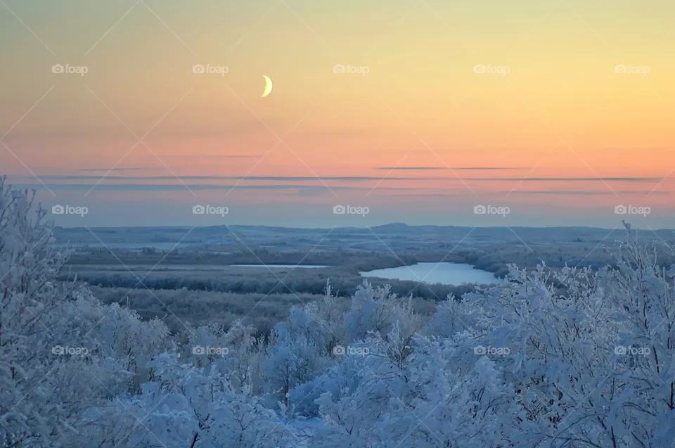 Early morning red-yellow sunrise, silence, freshness, frost, winter, north. Aurora borealis night.