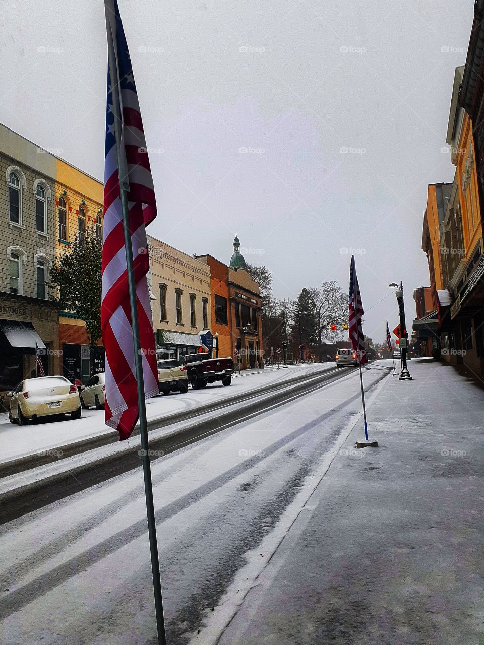 flags adorning small town usa on veteran's day.