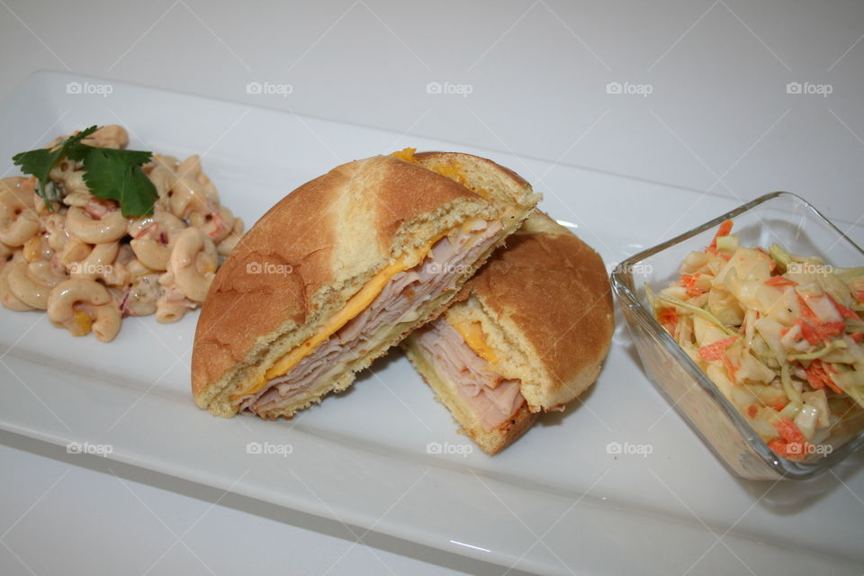 Hot Ham and Cheese. Hot ham and cheese sandwich with southwest pasta salad and coleslaw 