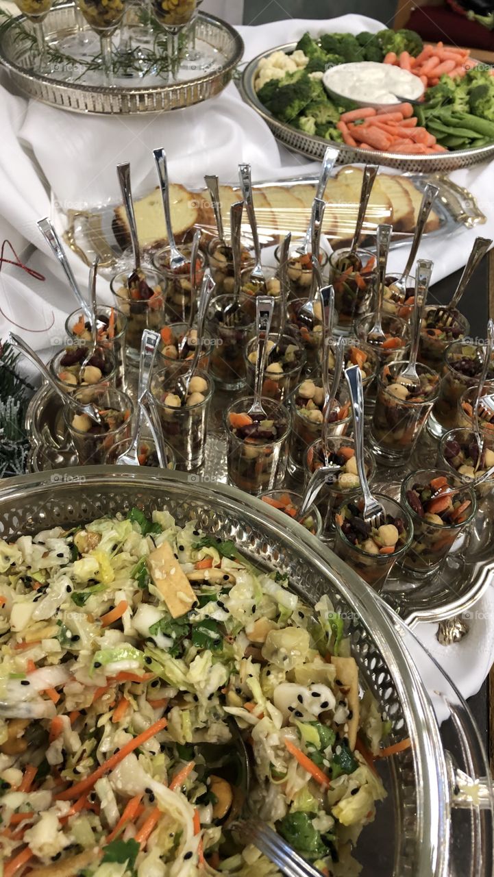 Catering by Didi Pelev. Asian chopped salad and bean salad shooters. Displayed on a rustic Christmas setting 