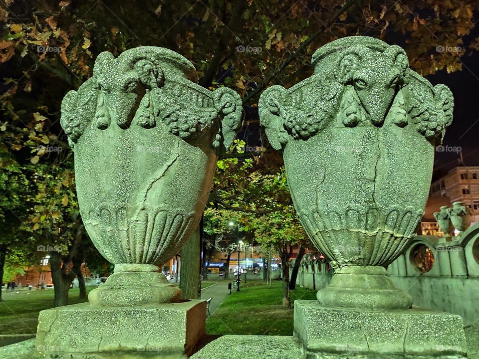 Belgrade students park decoration stone bowls with rams head