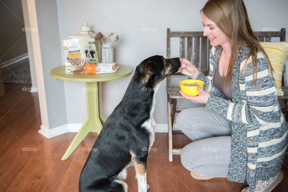 Smiling young woman feeding her pet terrier dog indoors