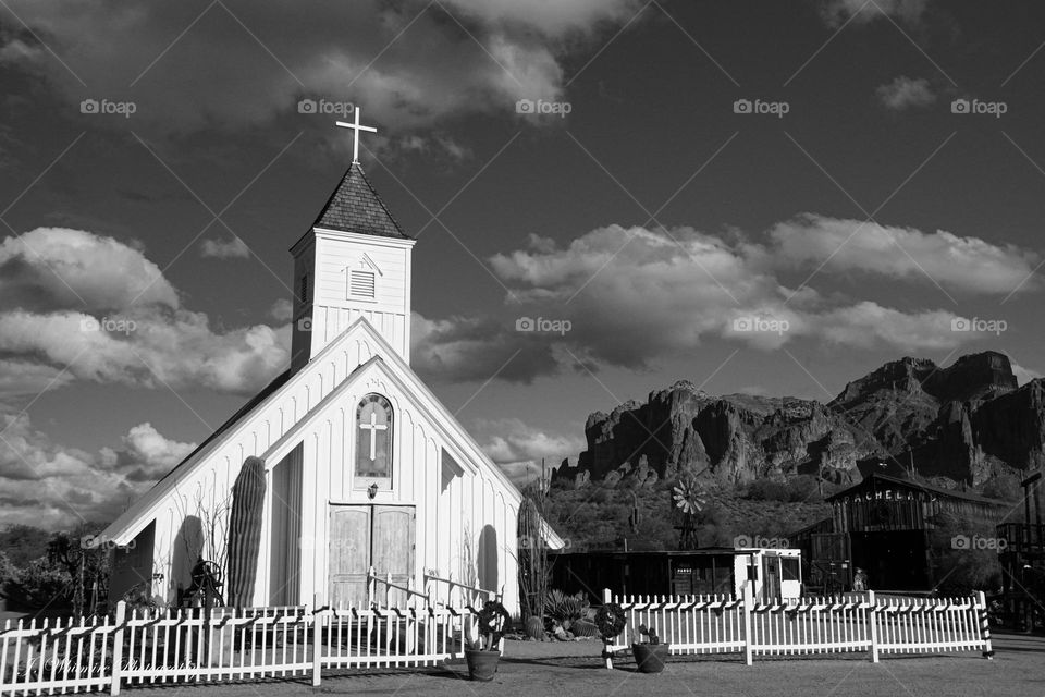 A church resides in the shadow of the Superstition Mountains in Arizona which create an amazing setting