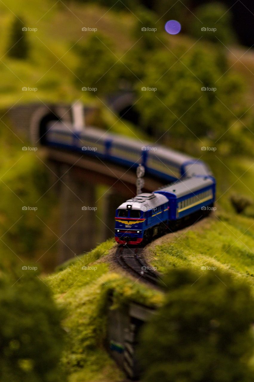 A model train between green mountains😍