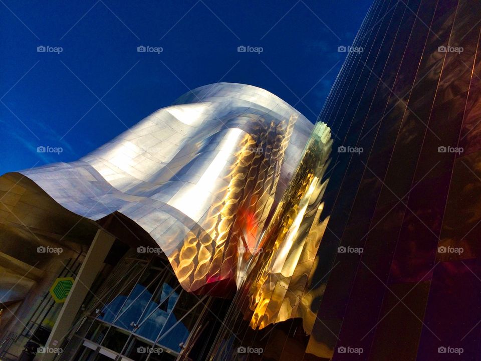 Looking Up at the EMP. Modern architecture against blue sky 