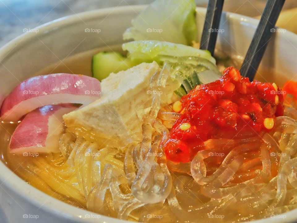 Thai Noodle Soup. Spicy Thai Silver Noodle Soup With Red Chili Paste
