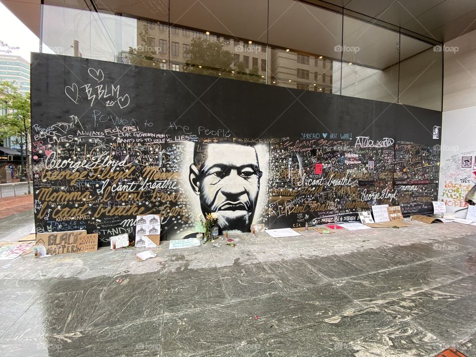 George Floyd mural and memorial in downtown Portland at the boarded-up Apple Store. 