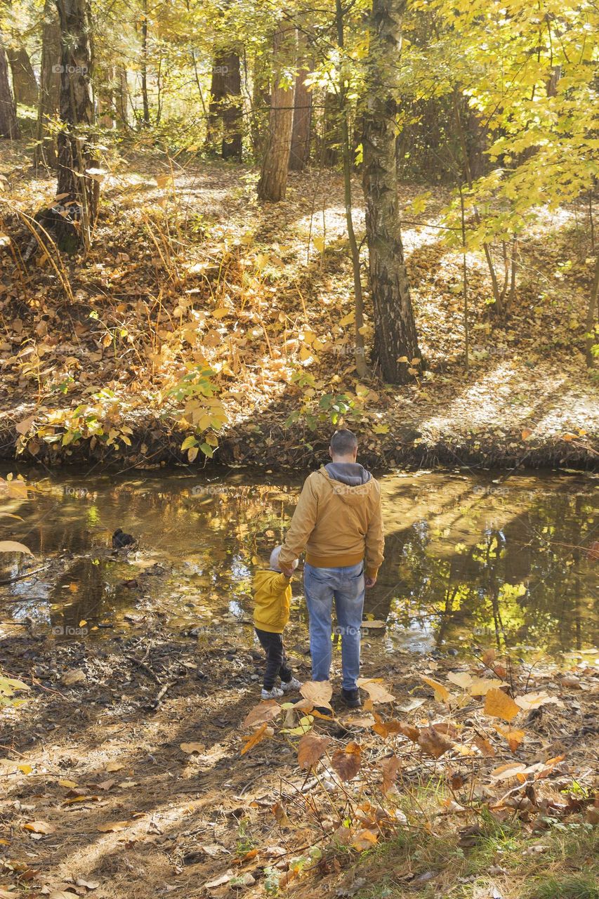 Back view of man and little boy in the park during fall